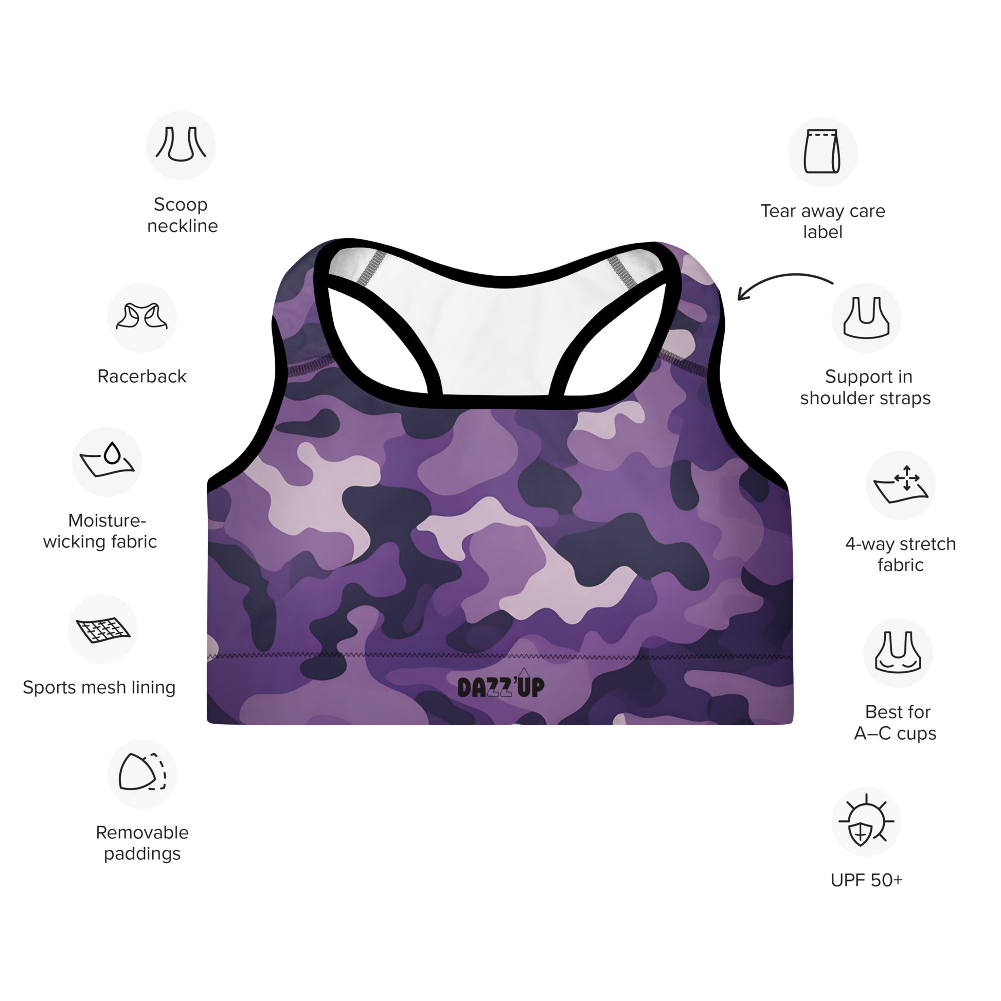 Camouflage Padded Sports Bra | Purple Dazz'Up Store