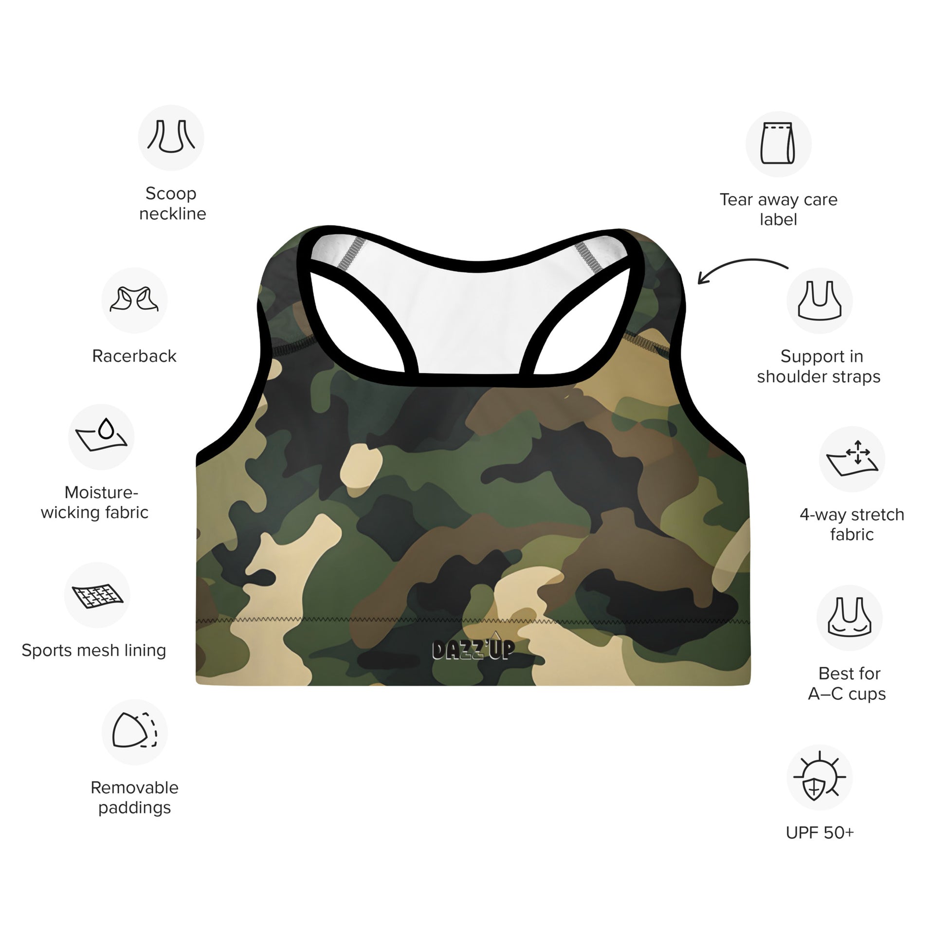 Camouflage Padded Sports Bra | Green Dazz'Up Store