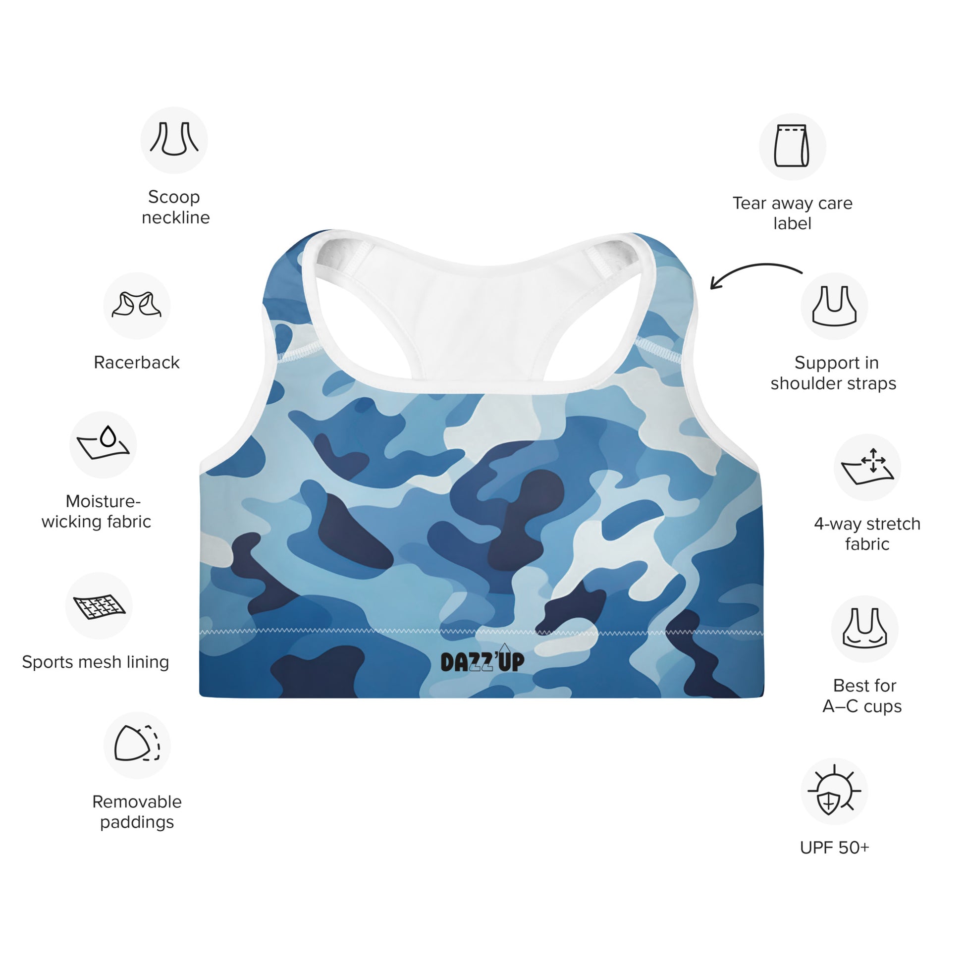 Camouflage Padded Sports Bra | Light Blue Dazz'Up Store