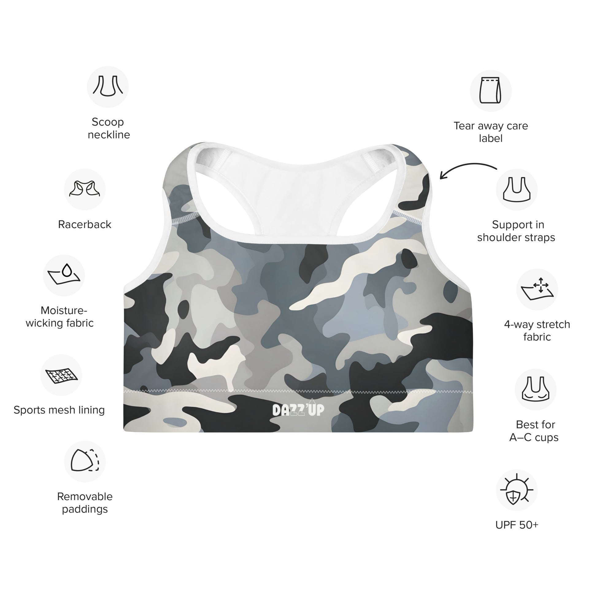 Camouflage Padded Sports Bra | Grey Dazz'Up Store