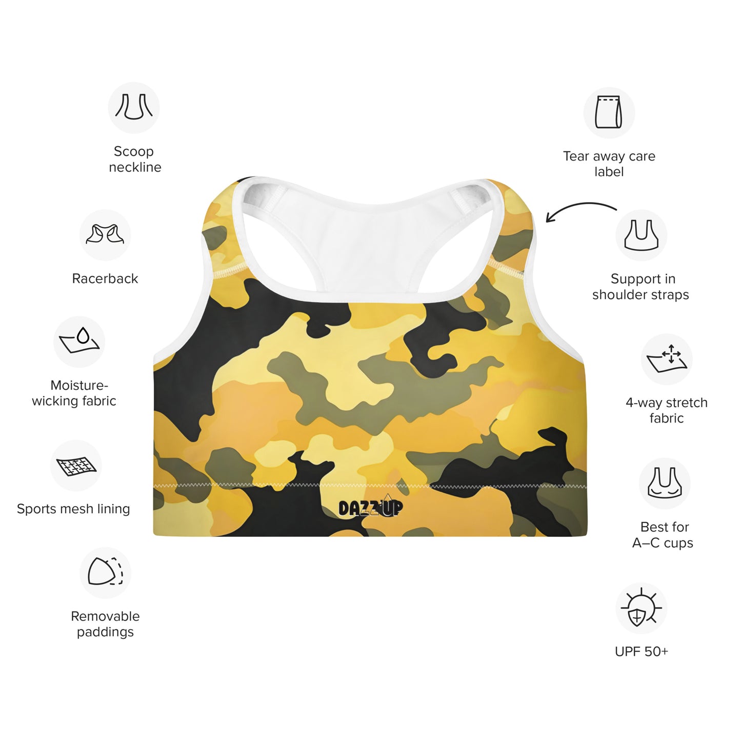 Camouflage Padded Sports Bra | Yellow Dazz'Up Store