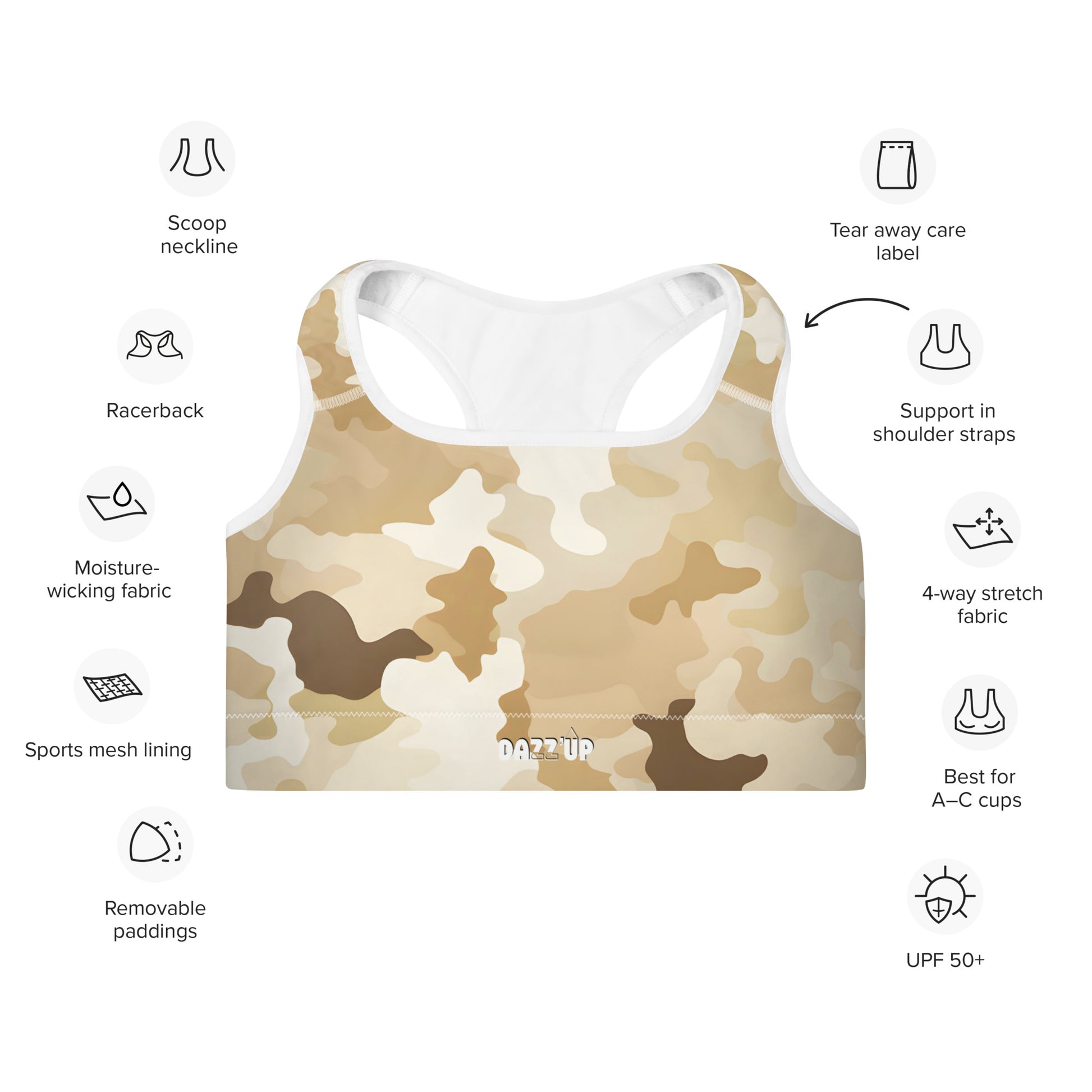 Camouflage Padded Sports Bra | Light beige Dazz'Up Store