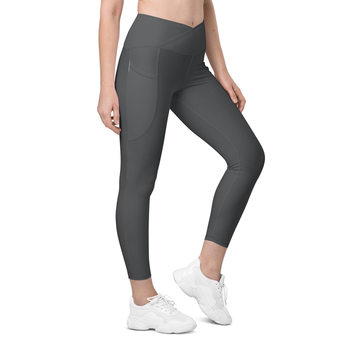 Crossover High-Waist Leggings with Pockets for Workout & Dance Charcoal | front left model