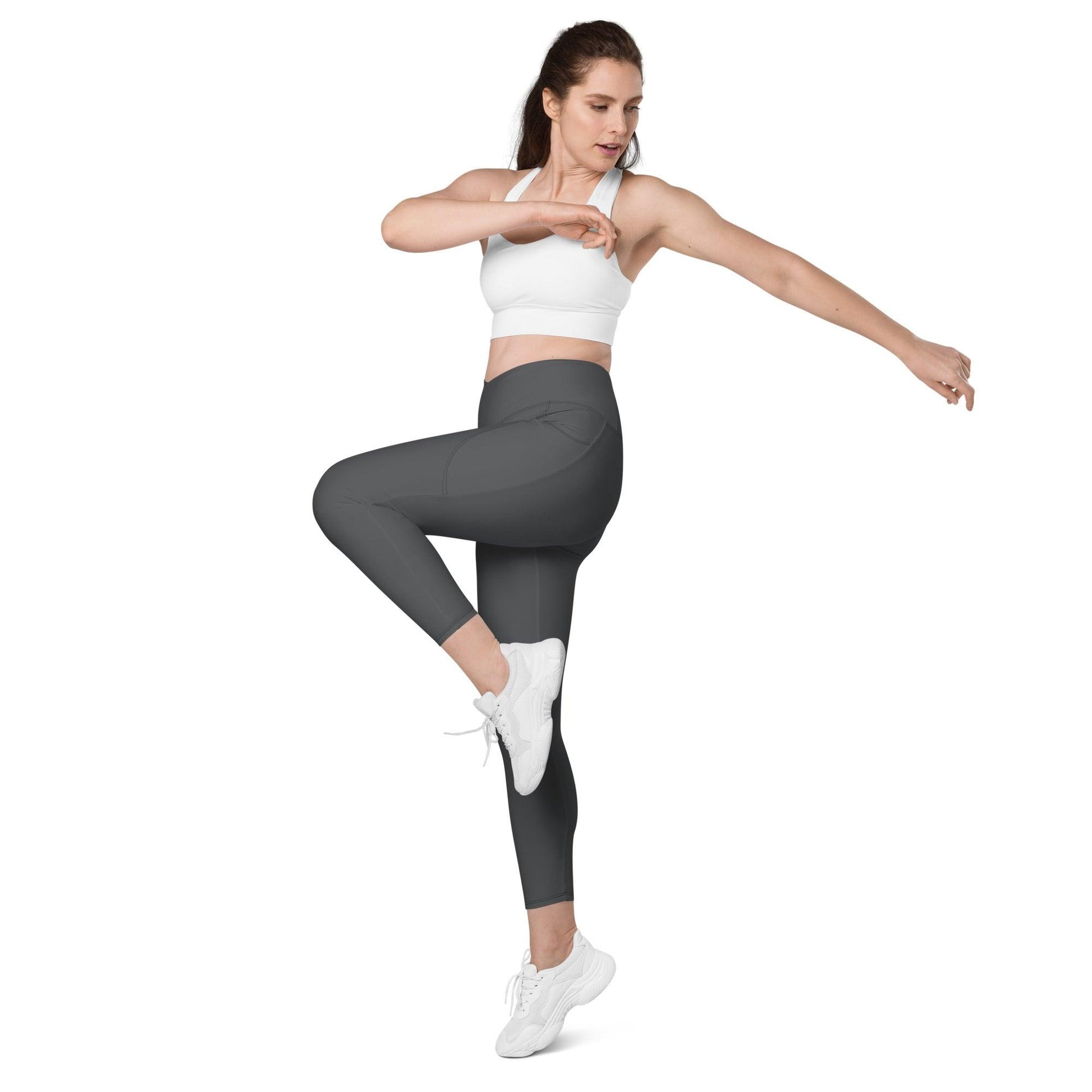 Crossover High-Waist Leggings with Pockets for Workout & Dance Charcoal