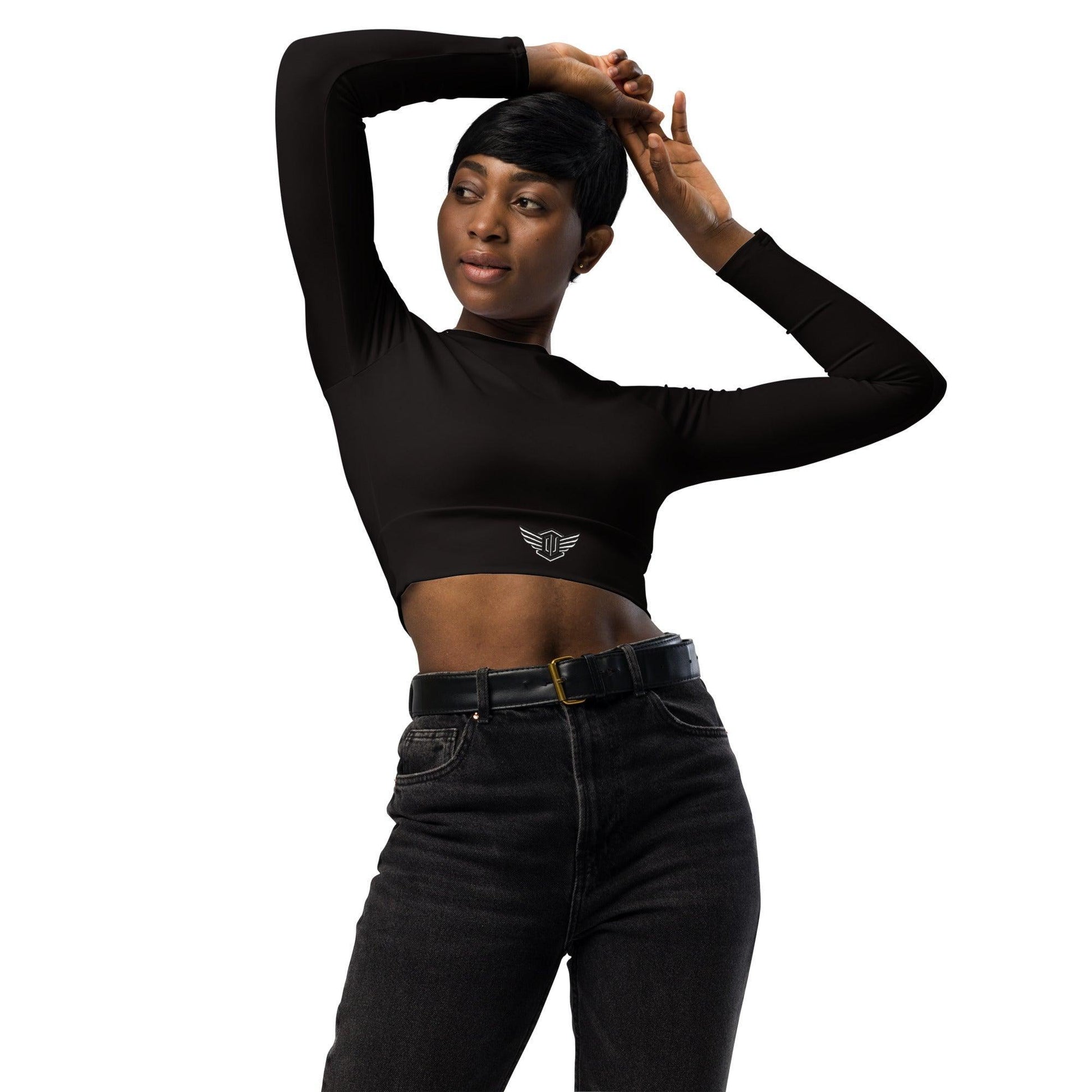 Sleek Long-Sleeve Crop Top for Activewear & Dancewear Black | Model Front